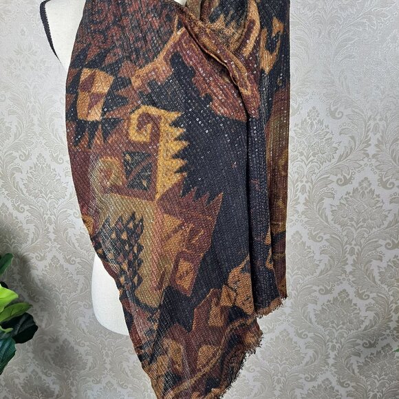 Sequined Scarf Black/Brown/Tan/Gold Pattern Short Fringed Ends EUC - Picture 5 of 6